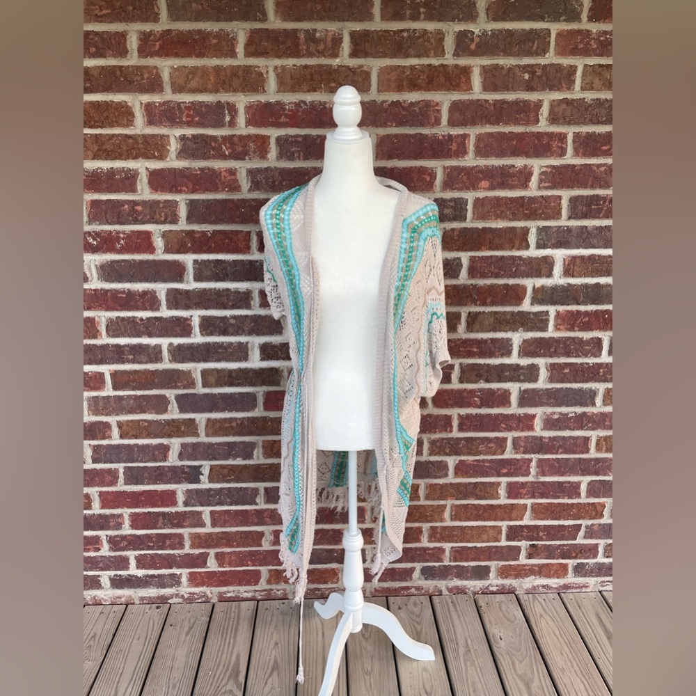 Women’s Chico’s Linen Short Sleeve Crochet Duster Long Cardigan Size 2